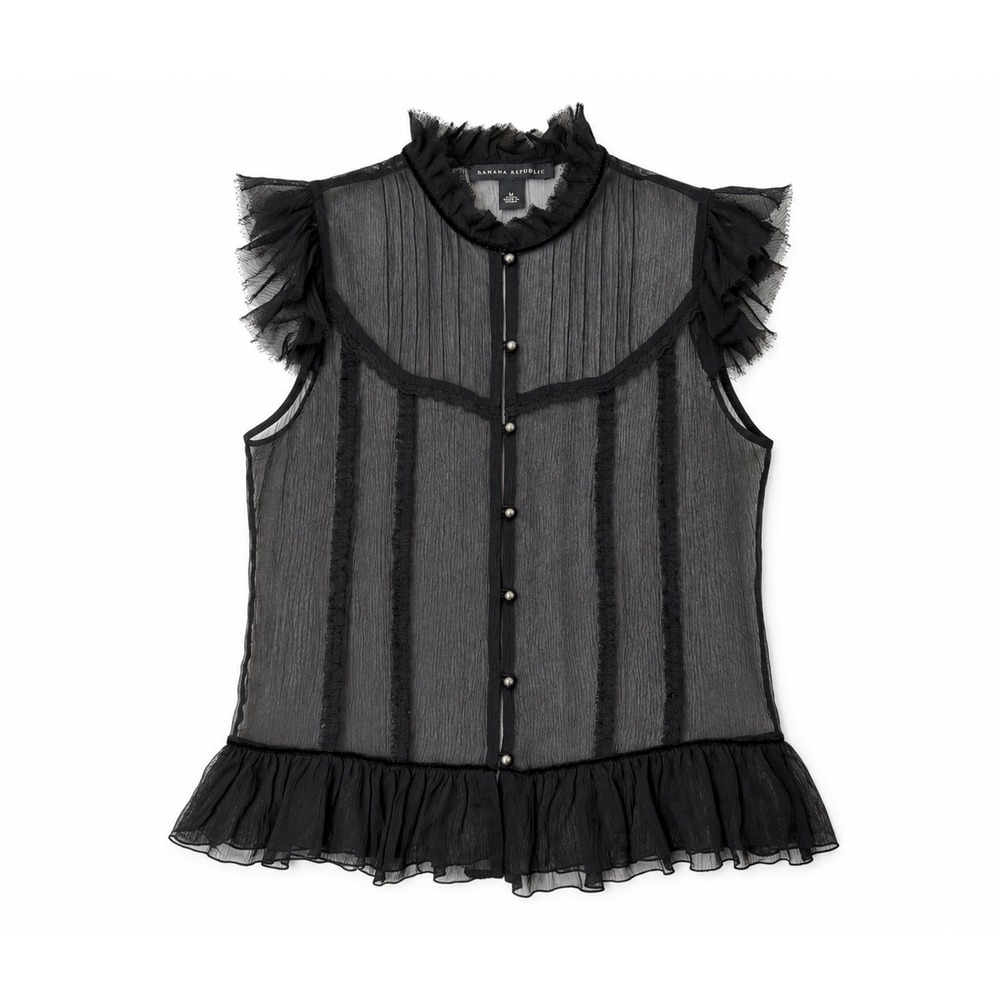 Banana Republic Black Sheer Silk Ruffle Lace Victorian Blouse Medium Whimsigoth